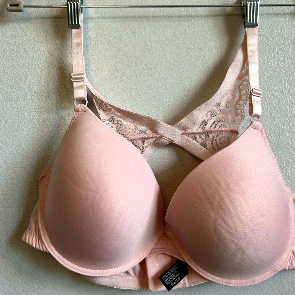 Pure Beauty Pink Full Coverage Lace Underwire Overbust 40C Butterfly Back Cross